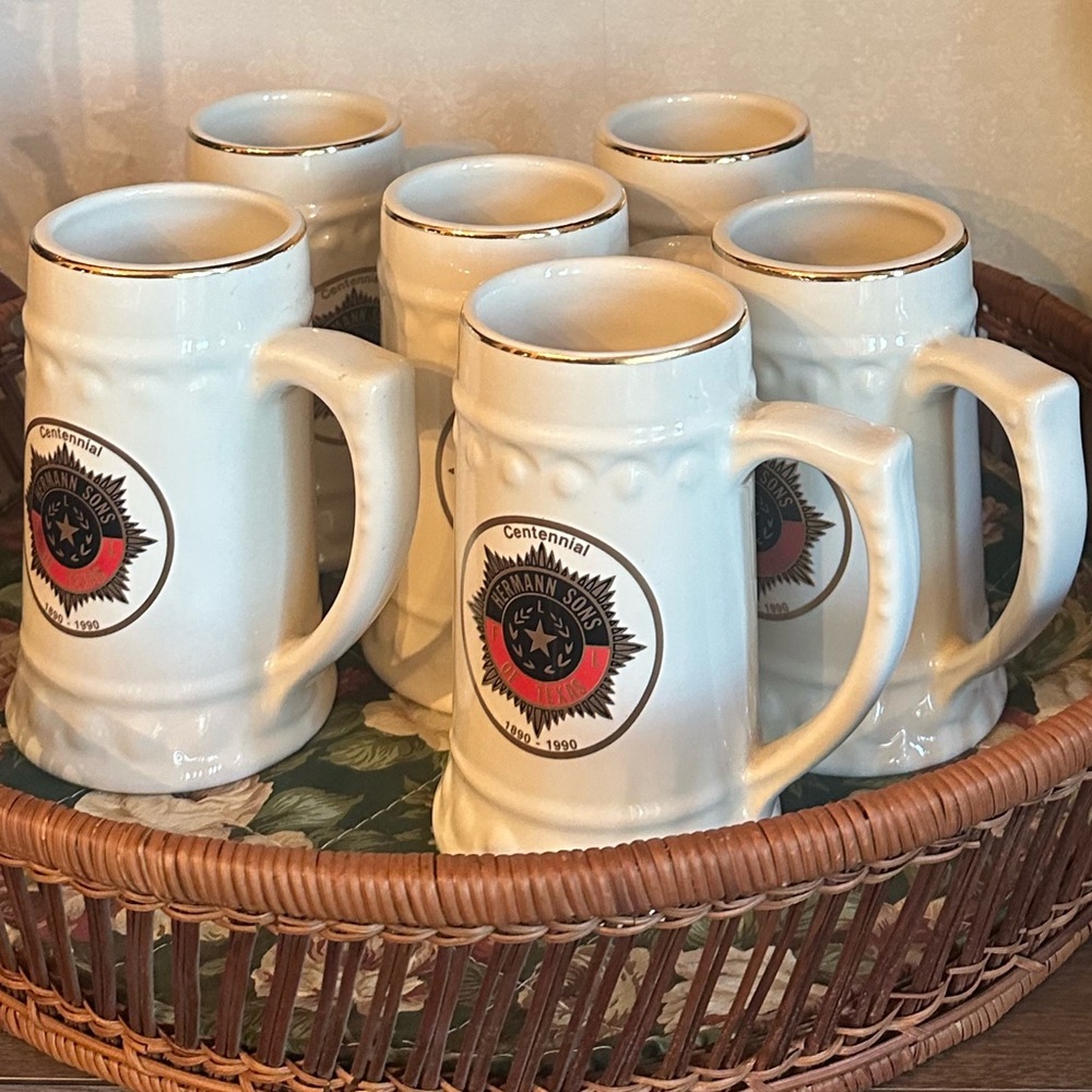 Hermann Sons of‎ Texas Centennial 1890-1990 Beer Steins Set of 4 White Gold Trim